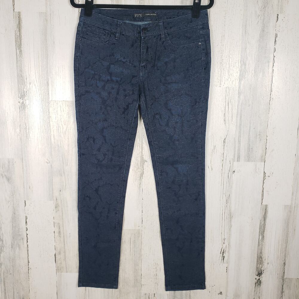 Zara Dark Wash Blue Denim Floral Velvet Textured Skinny jeans Women's Size 8